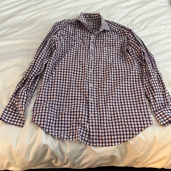 Peter Millar Mens Button Shirt Large Purple White Plaid Check - Picture 2 of 4